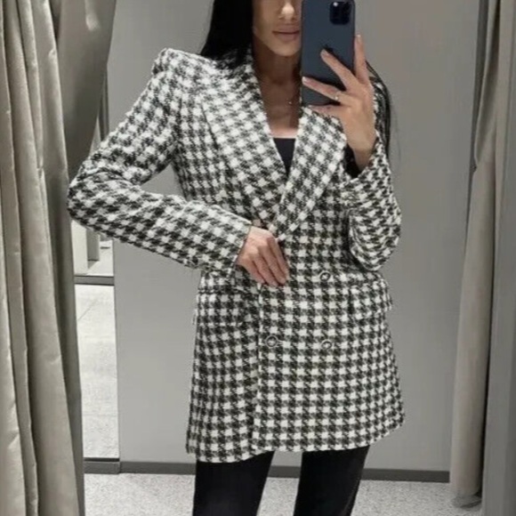 Zara Jackets & Blazers - Zara Double Breasted Houndstooth Tweed Blazer Jacket Ivory Navy Green Small